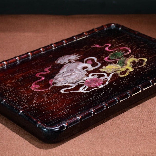 Chinese Vintage Chinese Rosewood Tea Tray With Mother of Pearl Inlay & Lion Motif For Sale - Image 3 of 8