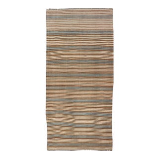 Vintage Hand Woven Turkish Kilim With Stripes in Brown, Cream and Light Blue For Sale