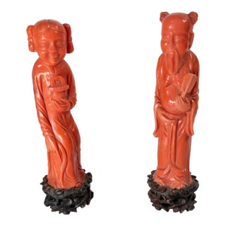 19th Century Pair of Chinese Faux Coral Peking Glass Immortal Figures For Sale
