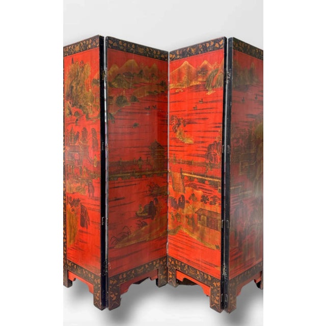 Just in this very good looking vintage Chinese painted screen. This Chinoiserie Red & Gold Painted LacquerScreen With...