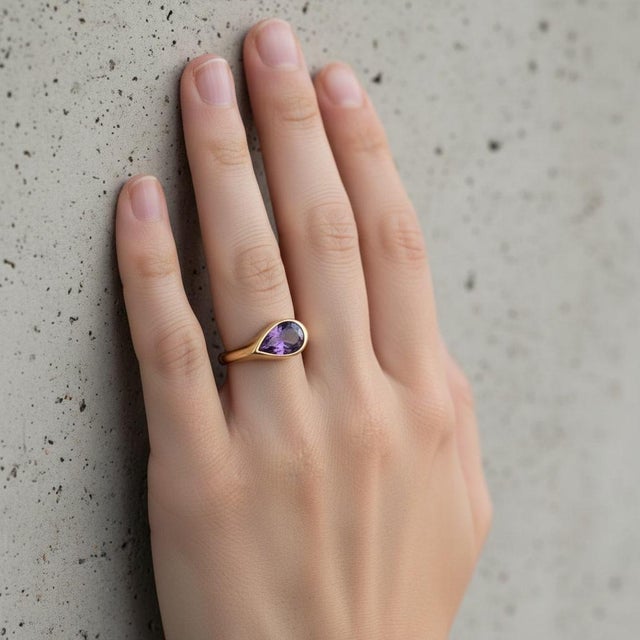 Metal Pear Amethyst East-West Ring, Size 7.5 For Sale - Image 7 of 9