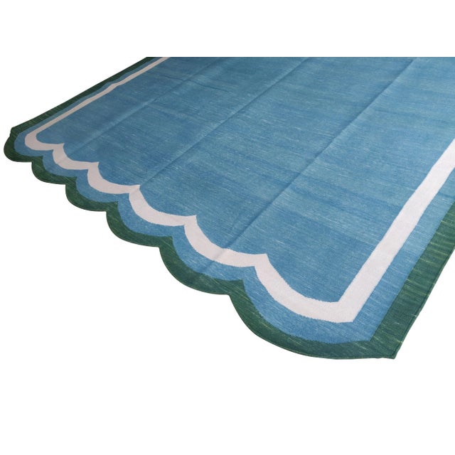 Casa Cosima Handmade Cotton Scalloped Rug, Muted Blue with Cream and Green Border 6'x9' For Sale - Image 4 of 7