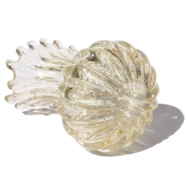 Murano Vintage Clear Gold Flecks Bibbles Italian Art Glass Fan Shaped Scissor Cut Rim Flower Vase For Sale - Image 9 of 9
