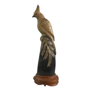 1940s Hand Carved Water Buffalo Horn of Detailed Bird Sculpture on a Wood Base