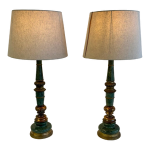 Pair Blue Green Marble and Brass Lamps in Style of James Mont for Mabro