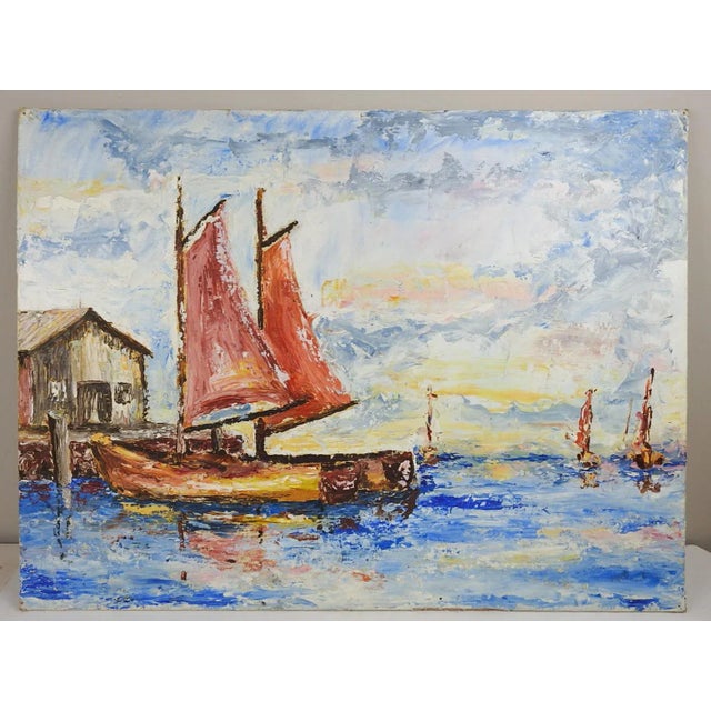 Textile Vintage Mid 20th Century Sailboats in Harbor Modernist Painting For Sale - Image 7 of 8