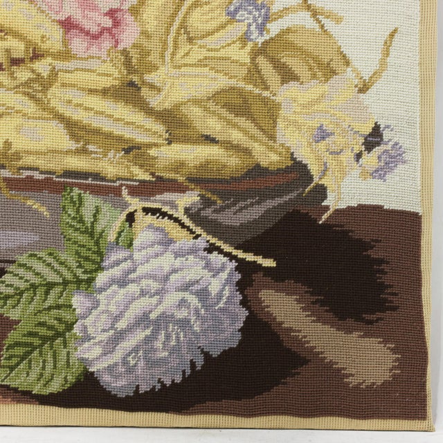 Textile Vintage Botanical Needlepoint Textile Art – Still Life Bowl of Pease and Pink Rose Blossom For Sale - Image 7 of 8