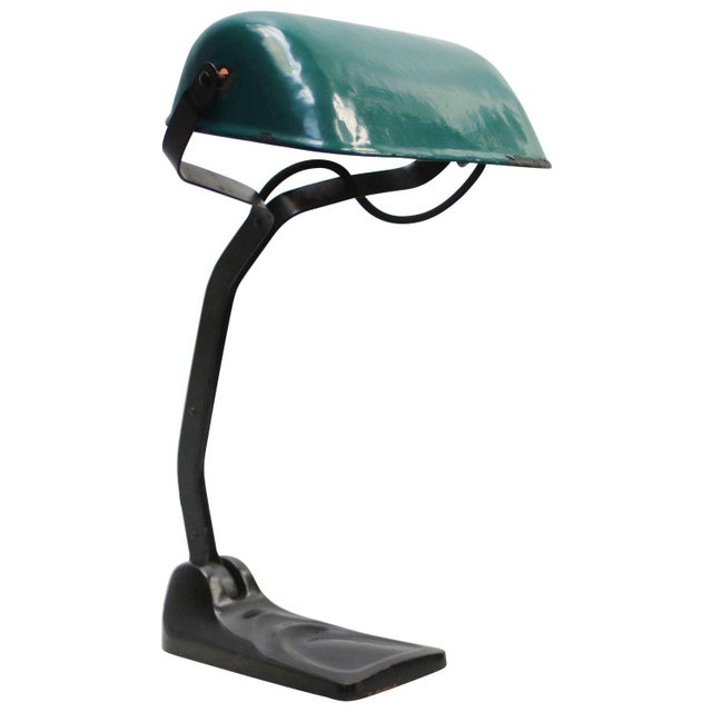 Metal Vintage Petrol Green Enamel Banker's Table Lamp from Erpe, Belgium For Sale - Image 7 of 7