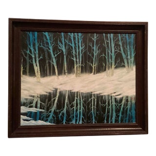 Late 20th Century Original Oil Painting, Landscape of Winter View of Blue Trees, Signed by “e.p.” Mystical View, Framed For Sale