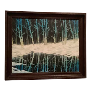 Late 20th Century Original Oil Painting, Landscape of Winter View of Blue Trees, Signed by “e.p.” Mystical View, Framed