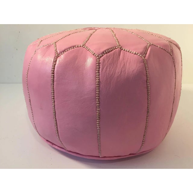 Moroccan Artist Vintage Mid Century Moroccan Baby Pink Color Hand Tooled Leather Pouf For Sale - Image 4 of 9