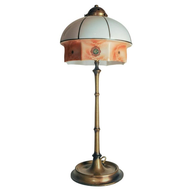 Art Nouveau Faux Bamboo Brass and Milk Glass Table Lamp For Sale - Image 4 of 10