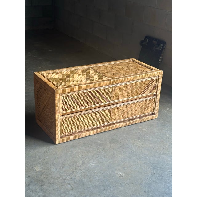 Boho Chic 1980s Pencil Reed Split Bamboo and Wrapped Cane Low Chest For Sale - Image 3 of 11