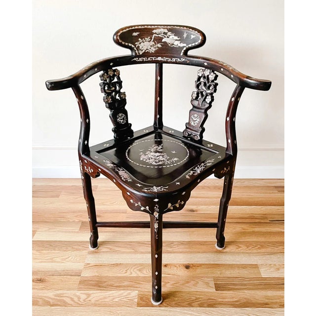 Vintage Chinese Dark Rosewood Mother of Pearl Inlay Corner Chair For Sale - Image 10 of 10