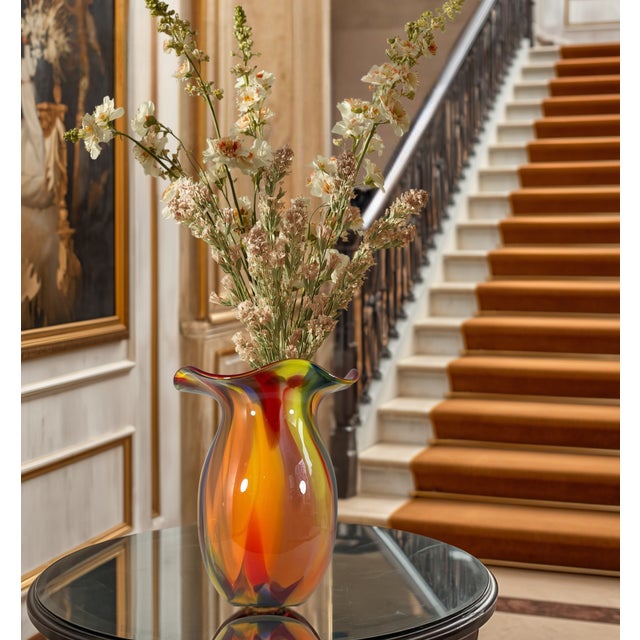 Bulbous Orange Marbled Flared Lip Art Glass Vase For Sale In New York - Image 6 of 16