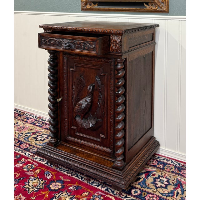Wood Antique French Jam Cabinet Cupboard Pedestal Barley Twist Drawer Oak Pheasant For Sale - Image 7 of 18
