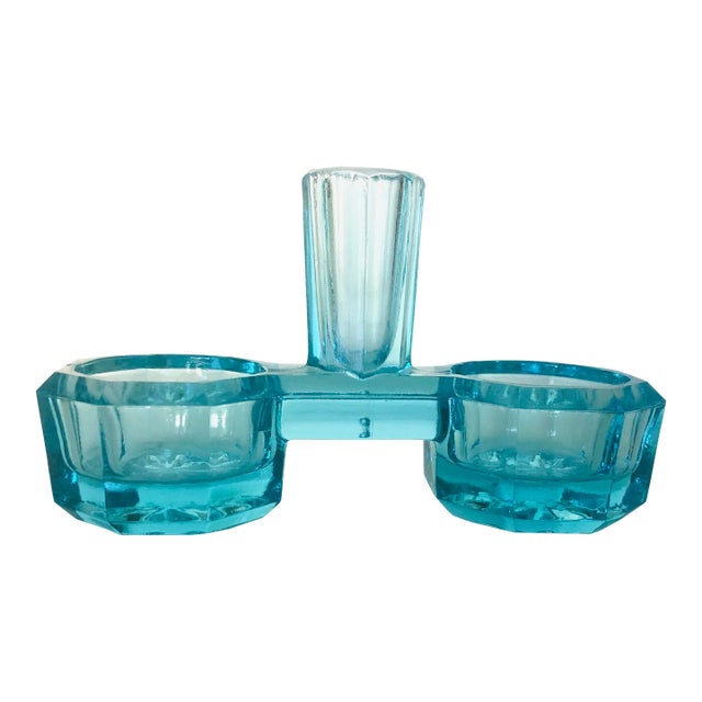Vintage Aqua Glass Salt & Pepper Pinch Dip Stand For Sale