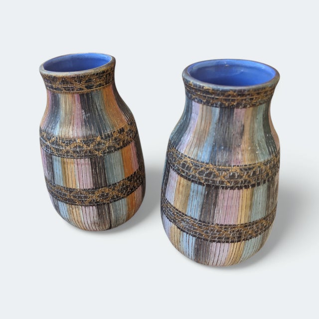 Mid 20th Century Vintage Italian Aldo Londi for Bitossi Seta Sgraffito Ceramic Pottery Vases - A Pair For Sale - Image 5 of 12