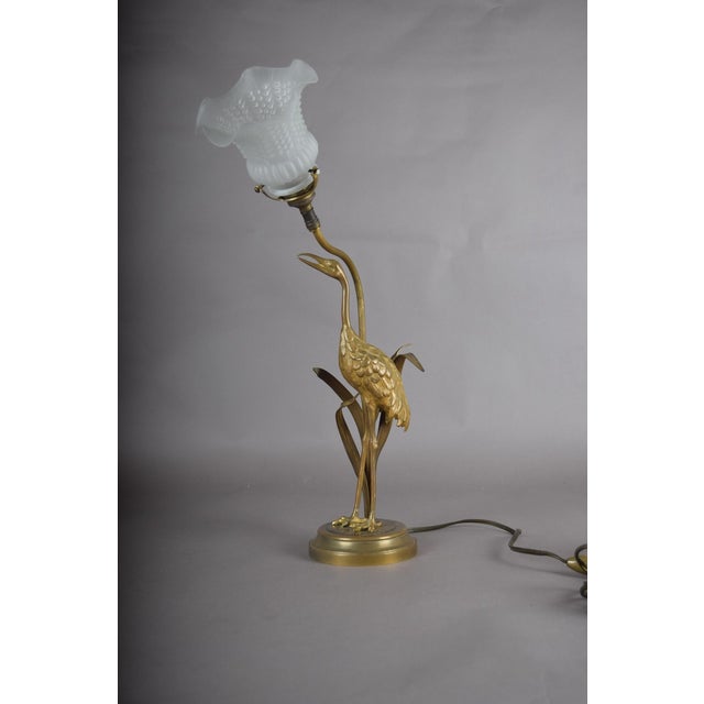 Art Deco Gilt Brass Sculpted Crane Table Lamp with Frosted Glass Shade, Europe, 1930s For Sale - Image 6 of 9