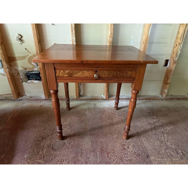 Antique Victorian Style Burled Wood Inlaid Walnut Single Drawer Side Hall Table Solid wood frame burled wood inlay, turned...