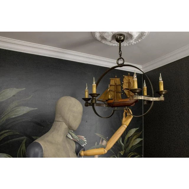 Gold Mid-Century Wrought Iron Six-Light Chandelier with Ship, France, 1970s For Sale - Image 8 of 18