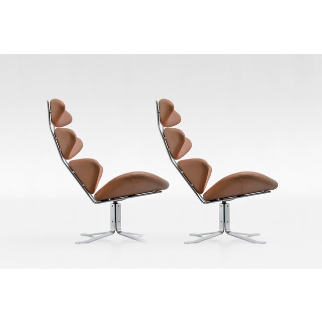 EJ5 Corona Lounge Chairs in Steel and Cognac Leather by Poul M. Volther for Erik Jørgensen, 1960s, Set of 2 For Sale - Image 3 of 8