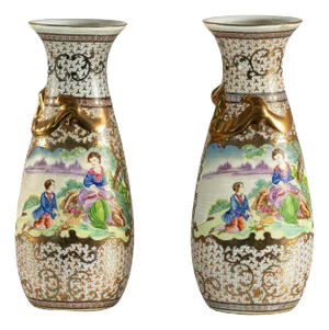 Pair of Vintage Small Porcelain Vases with Hand-Painted Pastoral Scenes