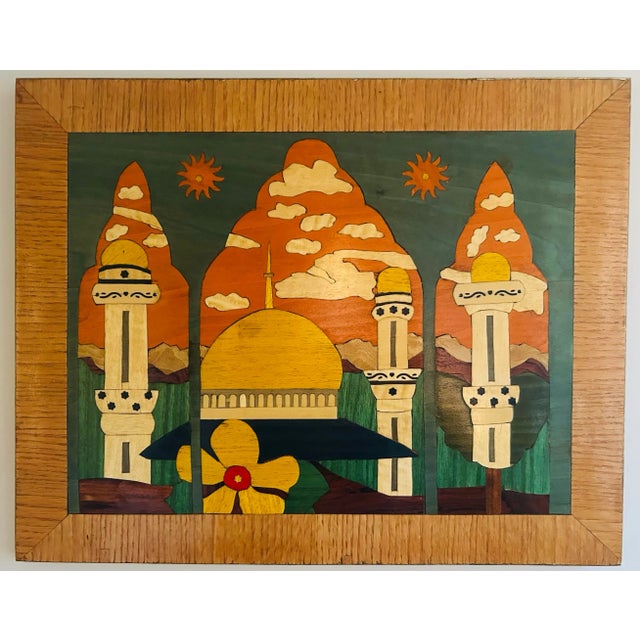 Moroccan Vintage Hand Made Inlaid Wood Plaque of Dome of the Rock in Jerusalem ~ Bright Colors For Sale - Image 3 of 6