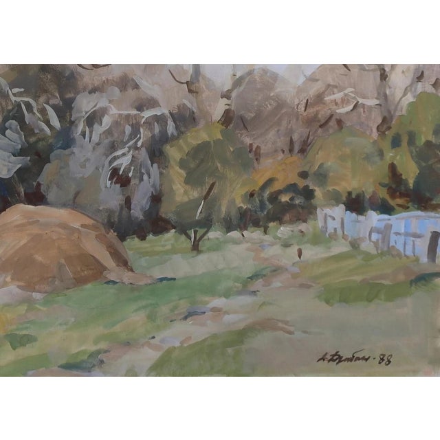 Vintage Gouache Painting: Autumn Rural Landscape, Soviet Ukrainian Art 50-70 For Sale - Image 6 of 6