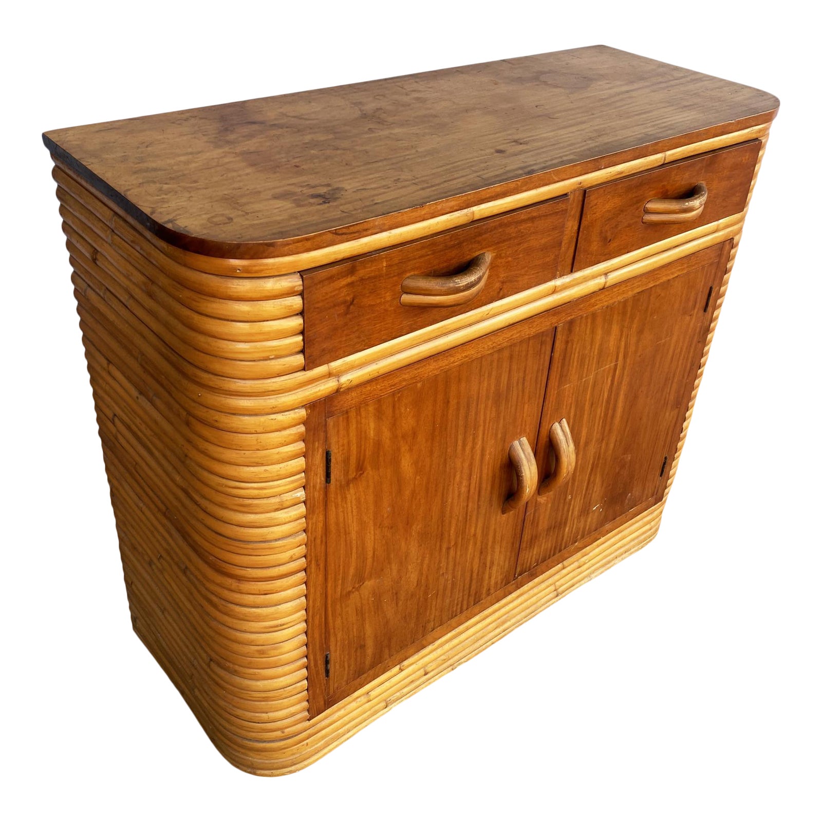 Restored Vintage 1940s MidCentury Stacked Rattan With Mahogany