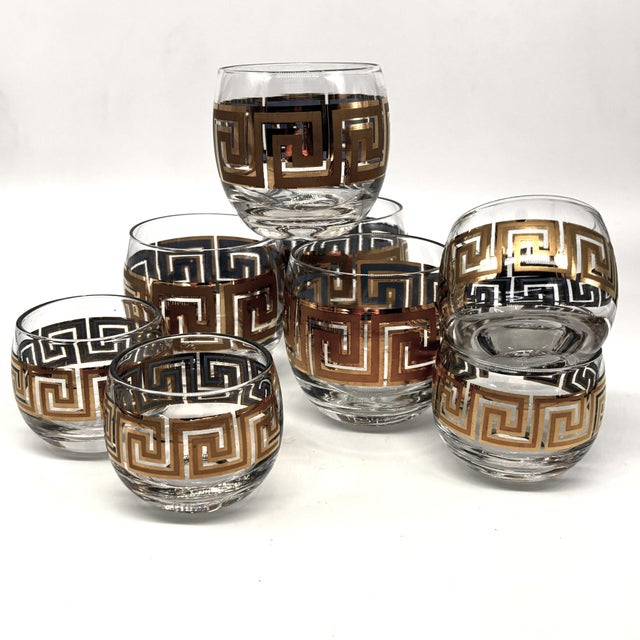 Vintage 22k Gold Greek Key Double Old Fashioned & Rocks Glasses Set of 8 For Sale - Image 10 of 12