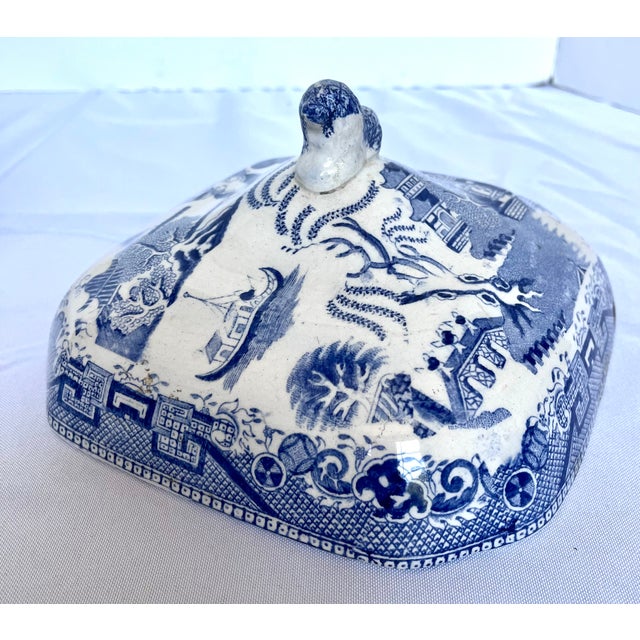 Ceramic Antique 19th Century English Blue Willow Covered Vegetable Serving Dish With Lion Finial Handle For Sale - Image 7 of 16