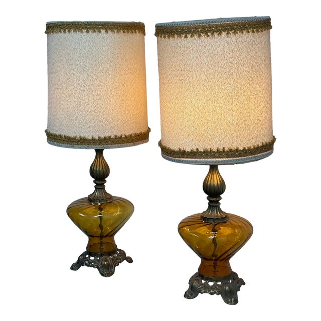 Hollywood Regency Vintage Sculptural Glass Table Lamps, Pair For Sale
