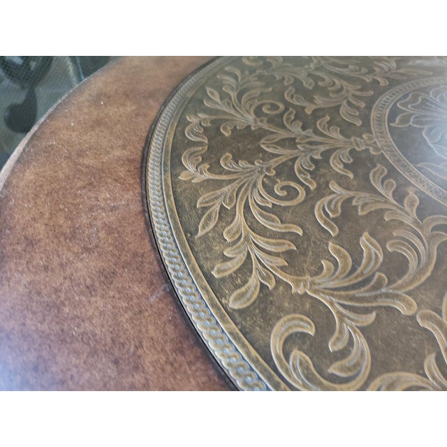 Nailhead Trim Leather Wrapped Side Table With Scrolling Metal Base