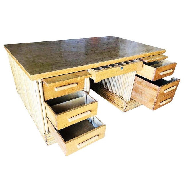 Restored Mid-Century Vertically Stacked Rattan & Mahogany Executive Desk For Sale - Image 4 of 11