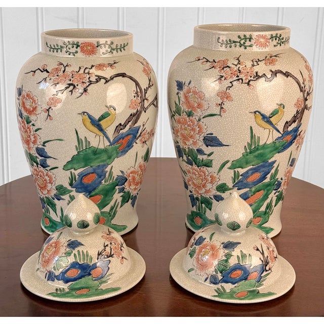 Vintage 16" Chinese Chinoiserie Porcelain Cherry Blossom & Bird Urn - A Pair For Sale - Image 4 of 11