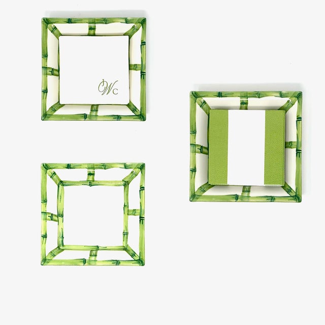 A ceramic tray hand-painted in Italy to resemble woven bamboo fretwork, with visible brushstrokes rather than a printed...