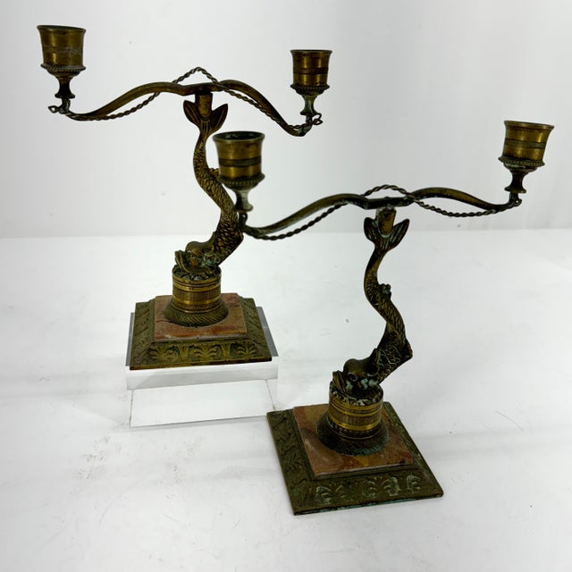 Italian Pair of Late 19th Century Italian Marble and Brass Candlesticks For Sale - Image 3 of 12