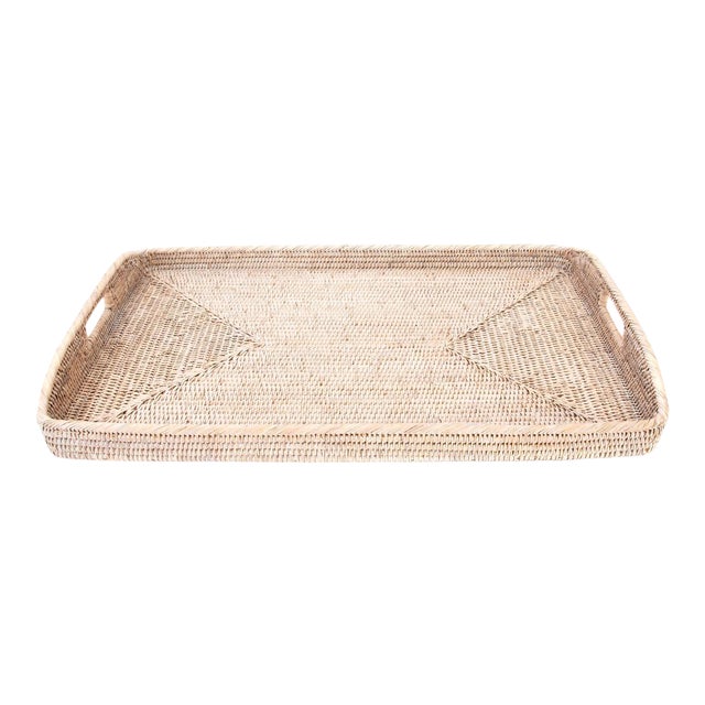 Artifacts Rattan Rectangular Ottoman Tray with High Handles in White Wash - 28" For Sale