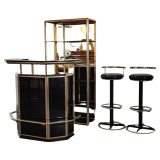 Hollywood Regency Dry Bar with Stools and Mirrored Shelf, Italy, 1980s, Set of 4 For Sale