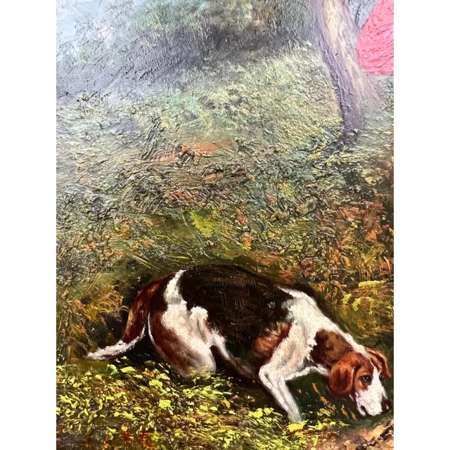English Sporting Style Oil Painting, Huntsman & Hounds, Ornate Gilt Frame 1980's For Sale - Image 4 of 14