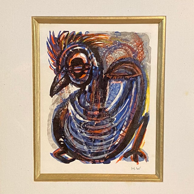 Vintage Mixed Media Painting by School of Paris Artist Henri D Waroquier - Oiseau Bird For Sale - Image 4 of 6