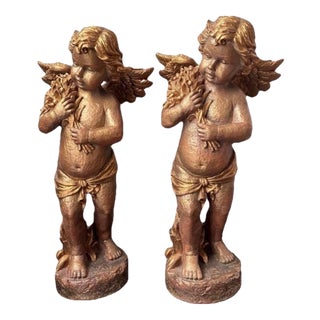 Pair of Large VTG Cherub Figurines With a Gold /Bronze-Toned Finish 18" T. For Sale