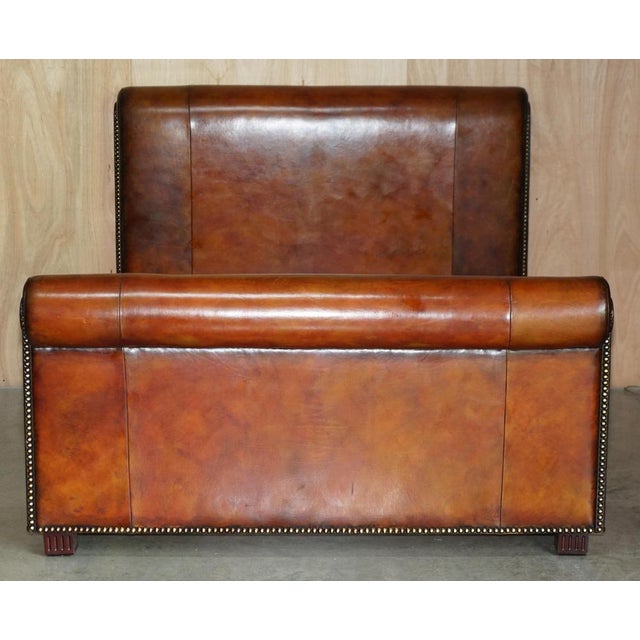 Handmade in America, Ralph Lauren European King size bed with fully restored, hand dyed, Cigar Brown leather upholstery. A...