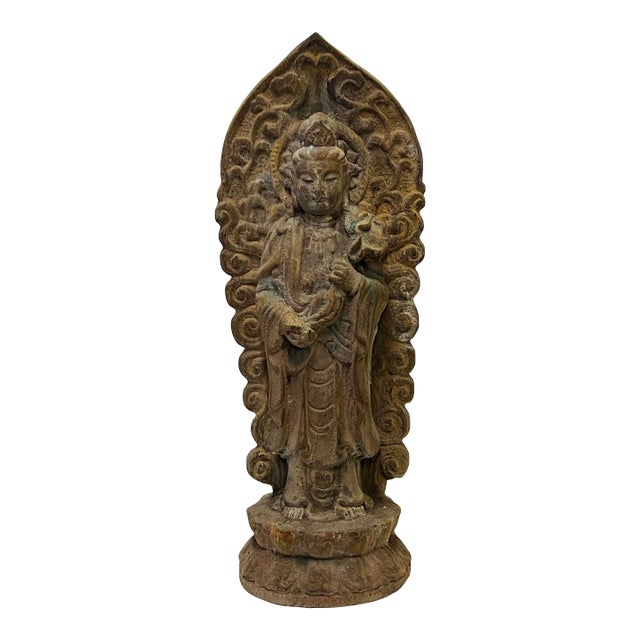 Chinese Rustic Wood Mahasthamaprapta Bodhisattva Kwan Yin Tara Standing Buddha Statue For Sale