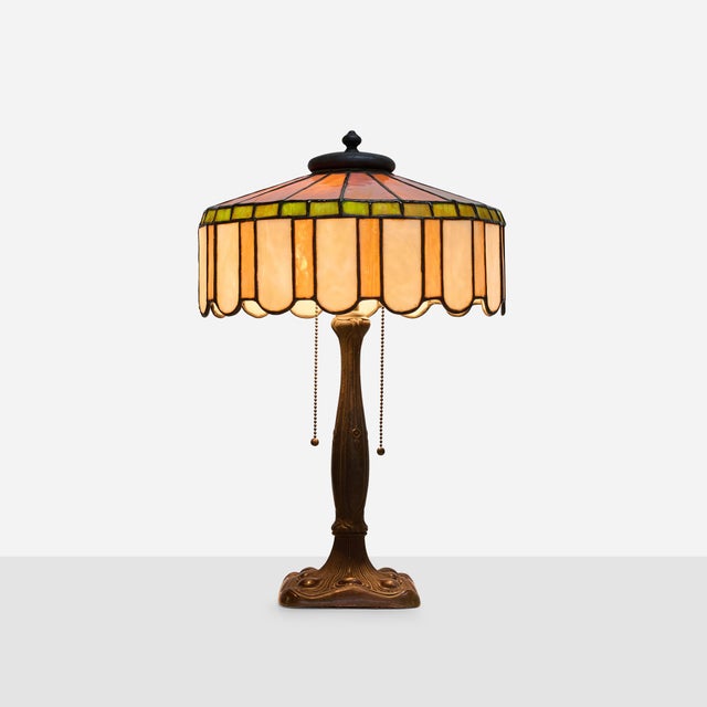 1920s Art Nouveau Slag Glass Table Lamp with Metal Overlay For Sale In San Francisco - Image 6 of 14