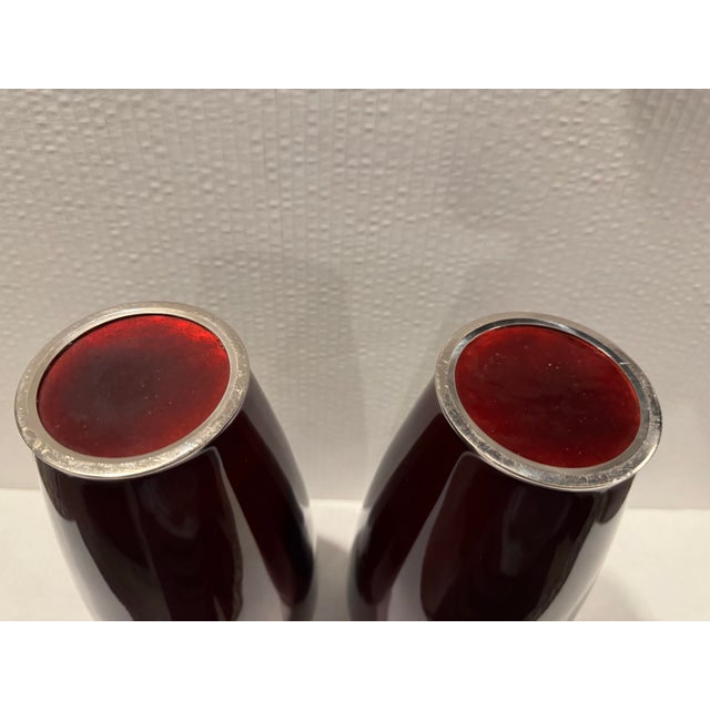 Mid 20th Century Red Pigeon or Ox Blood Silver Rimmed Vases Ginbari For Sale - Image 5 of 8