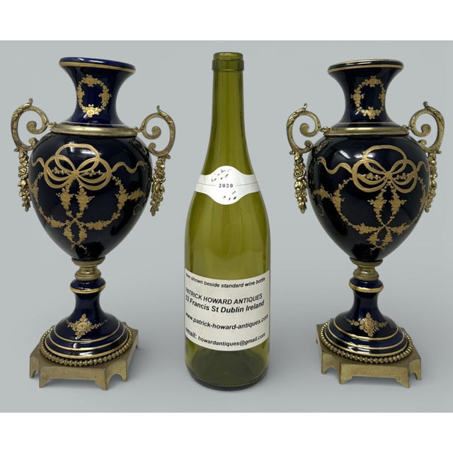 Ceramic Antique Pair Cobalt Blue French Sèvres Porcelain Ormolu Urns Vases Garnitures For Sale - Image 7 of 8