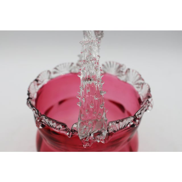 Glass Circa 1880 English Cranberry Glass Bride's Basket With Clear Handle For Sale - Image 7 of 8