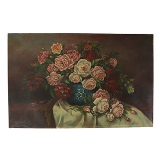 R. Blanlin, Large Floral Still Life with Rose Bouquet, Oil on Canvas For Sale